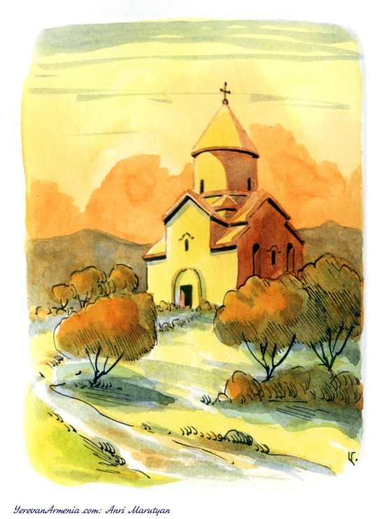 an illustration shows the old church on a hill