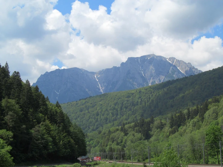 a mountain range surrounded by trees and grass