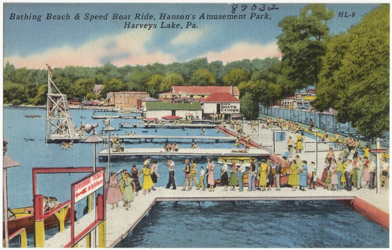 postcard featuring an illustrated ferry on a lake