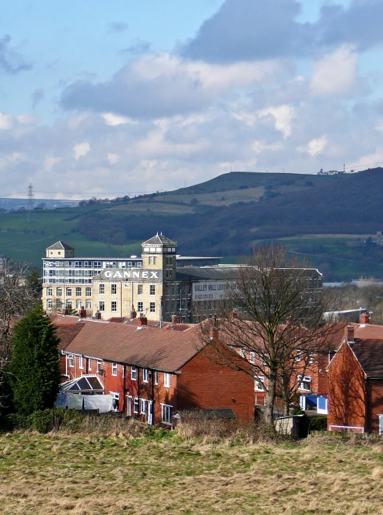 a large building in the background and other buildings near it