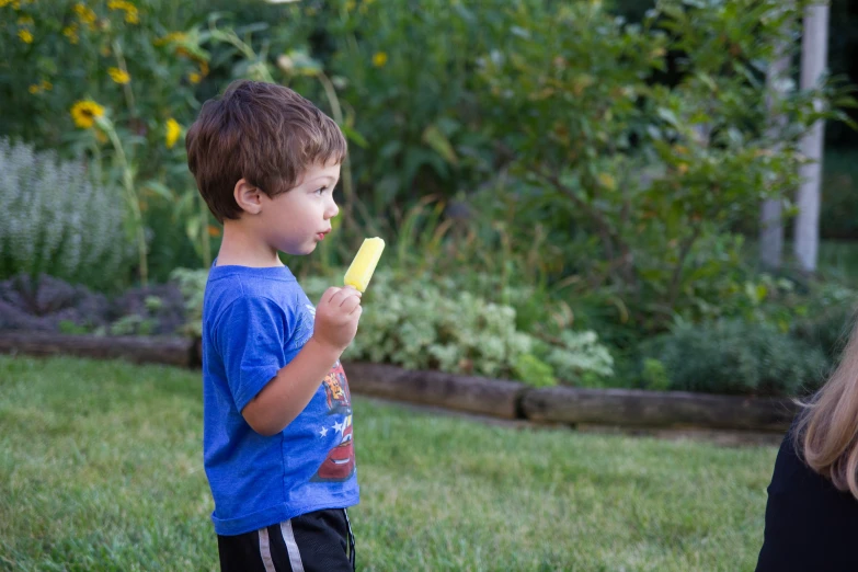 a small boy holding a banana standing in the grass