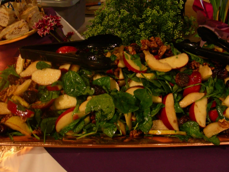 a food entree with apples, greens, and other appetizers