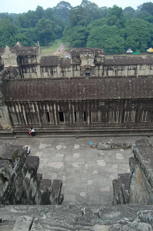 an aerial view of a stone castle