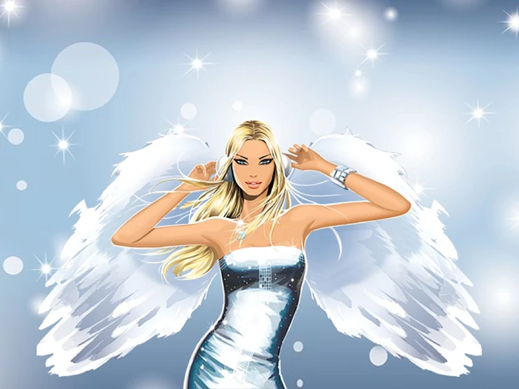 a girl in a dress with angel wings in front of a blue background