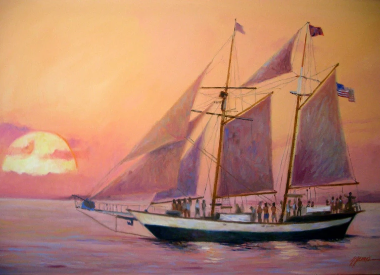 a painting of two sailboats on a large body of water