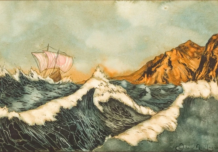 a painting of the ocean with boats in the waves