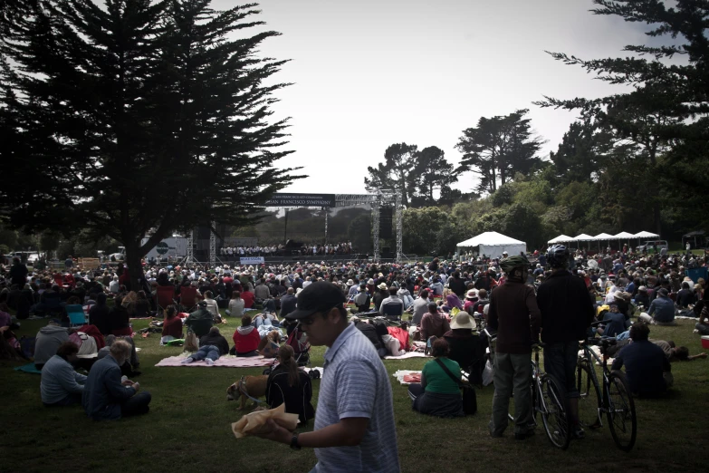 an outdoor music concert is packed with people playing instruments and sitting on blankets