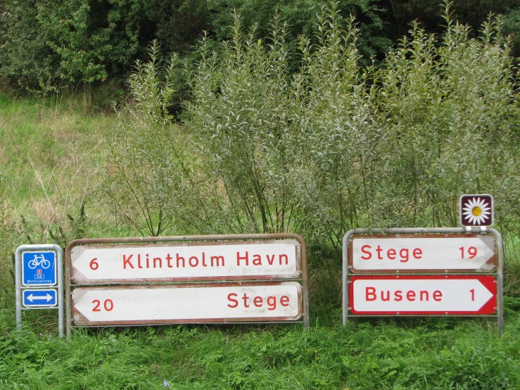 three wooden signs are placed next to some tall grass