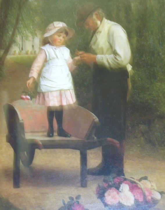 an old man standing over a little girl in a garden