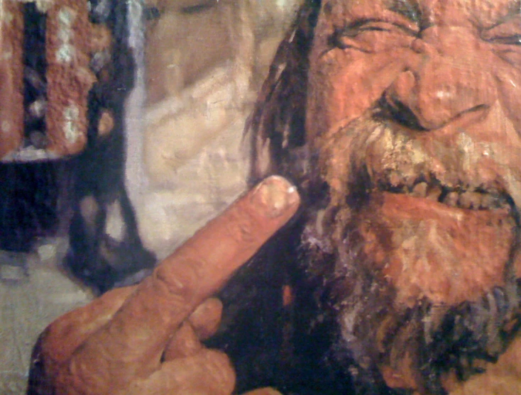 a painting shows a close up of an old man smoking a cigarette