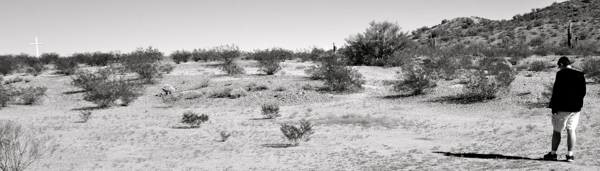 a man standing in a field next to bushes