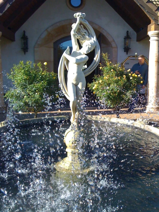 a statue is in the middle of water near a building