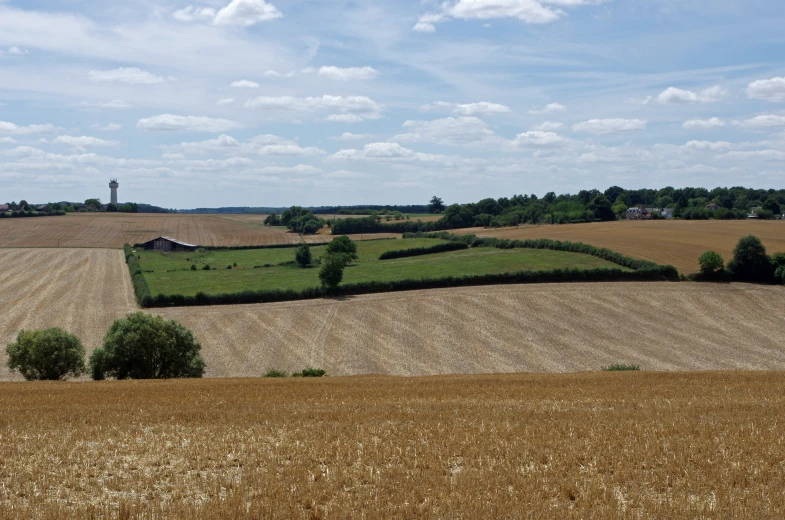 farm land sits beneath blue skies and white clouds