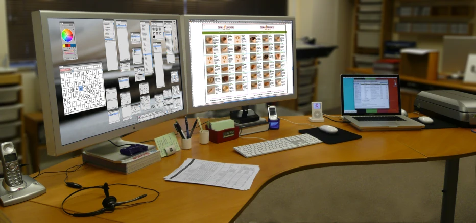 computer monitors showing different items on the table