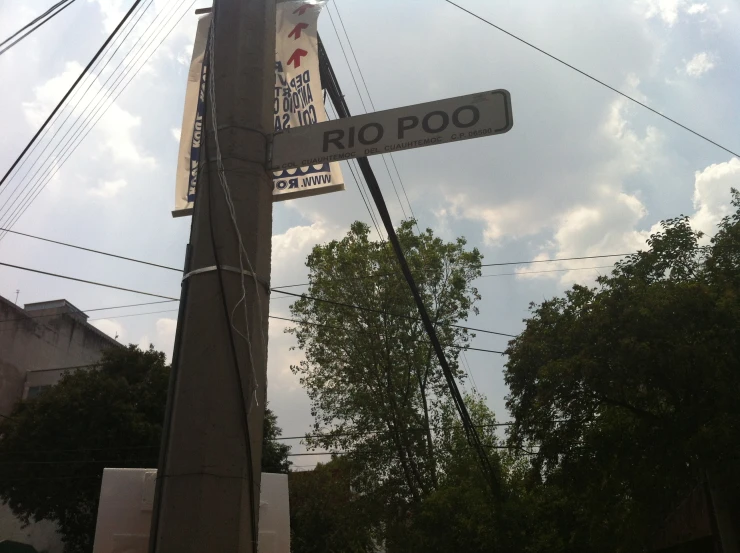 a road sign reads no poo on it's post