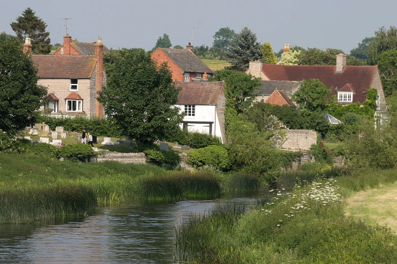 houses on the banks of a river near grass