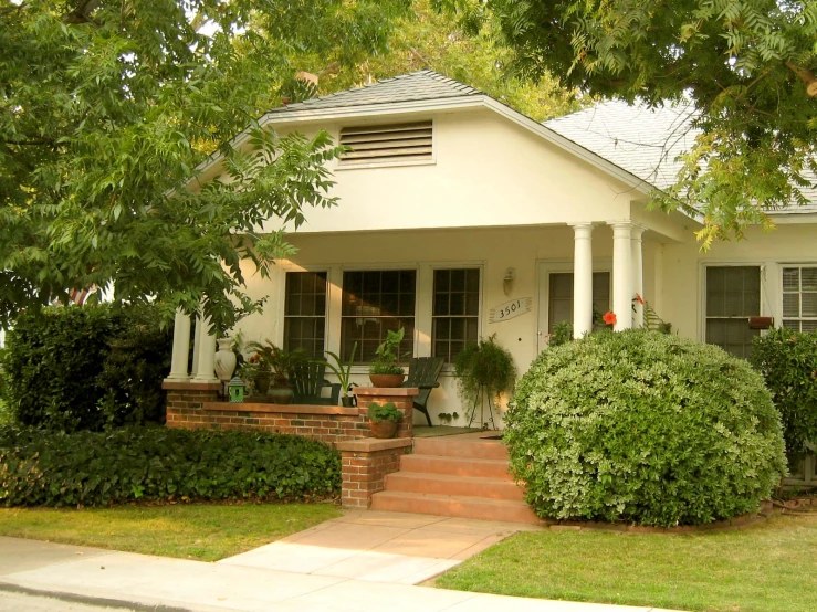 a white house with potted trees and bushes in front