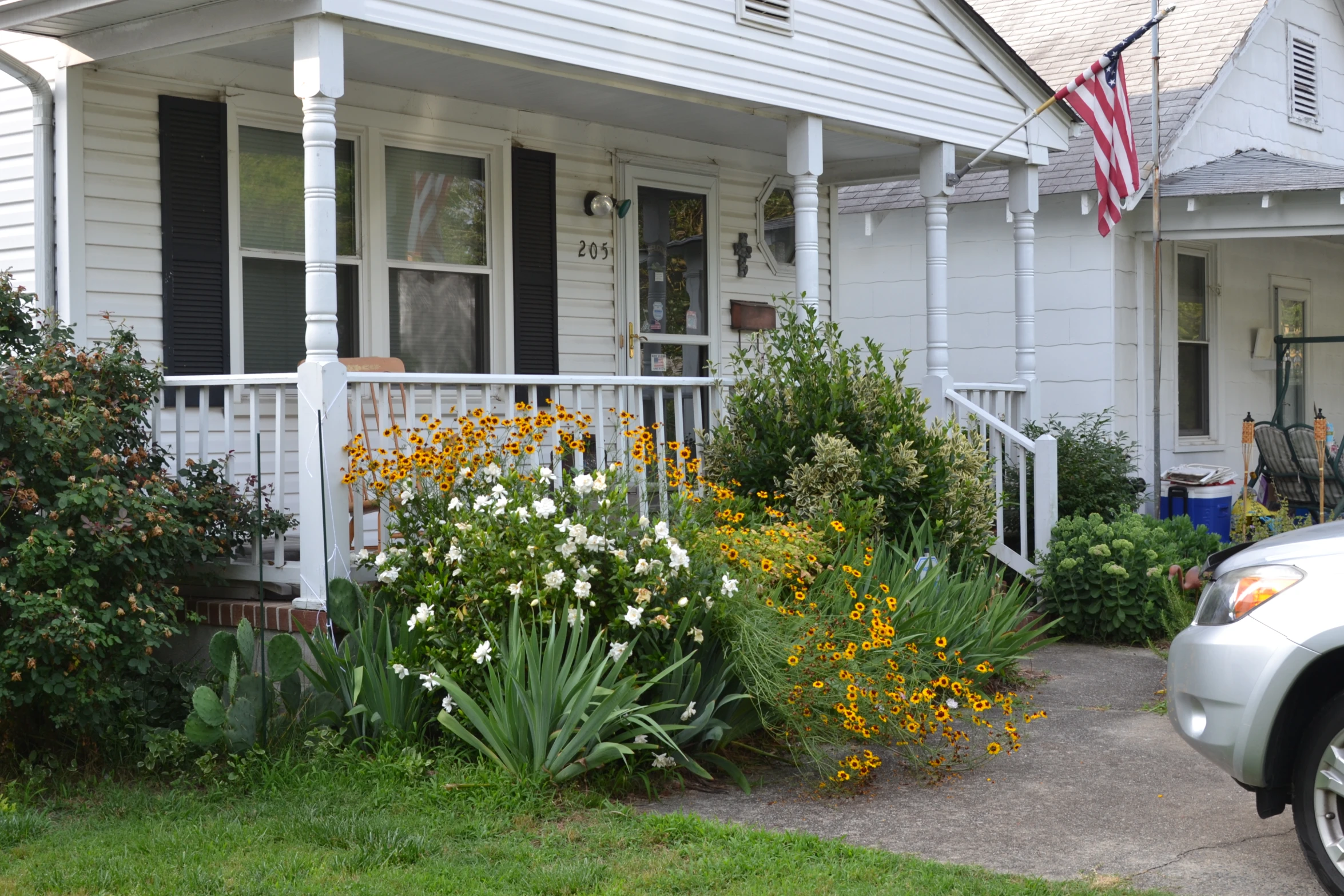 flowers growing in front of house with fenced yard