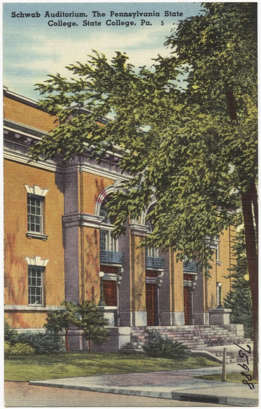 a vintage postcard of an old building with trees in front of it