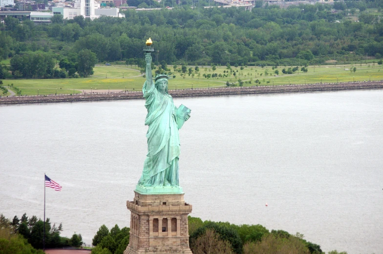 the statue of liberty is seen in this view from atop the tower