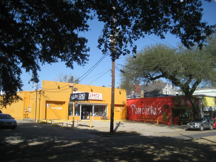 the building has a bright red paint job