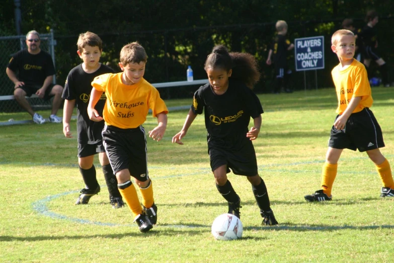 the children are learning how to play soccer