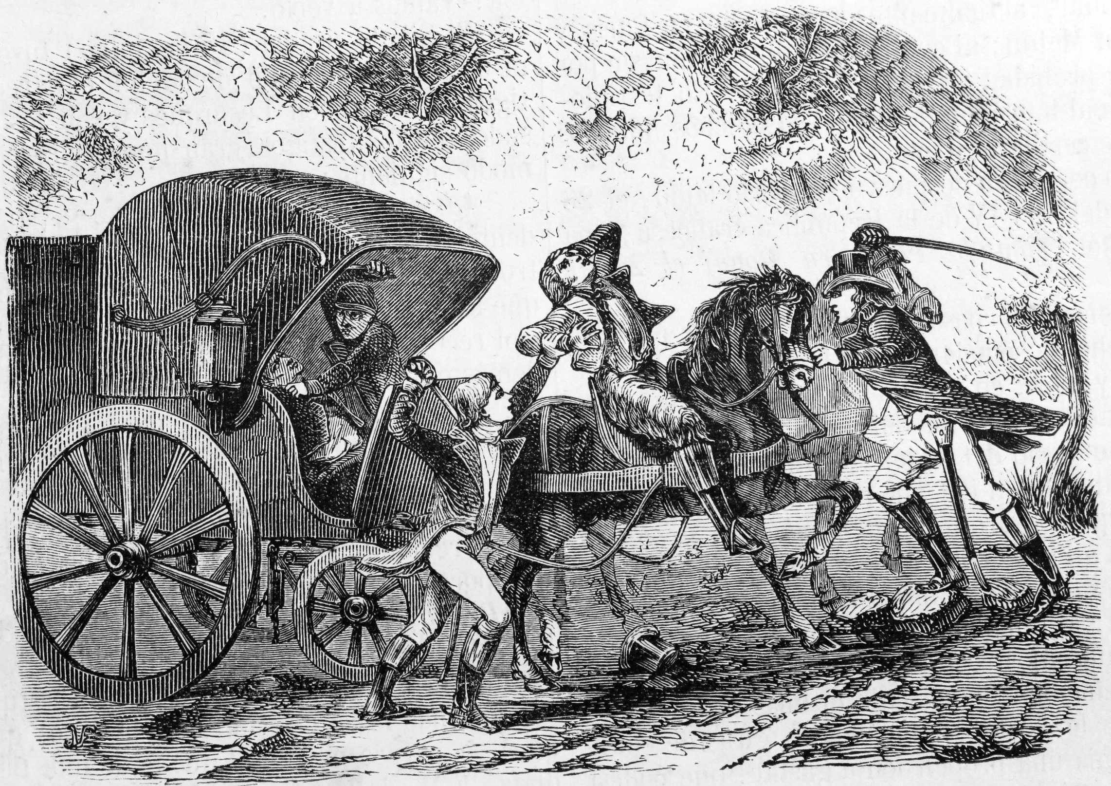 an illustration of soldiers riding horses carrying wagons