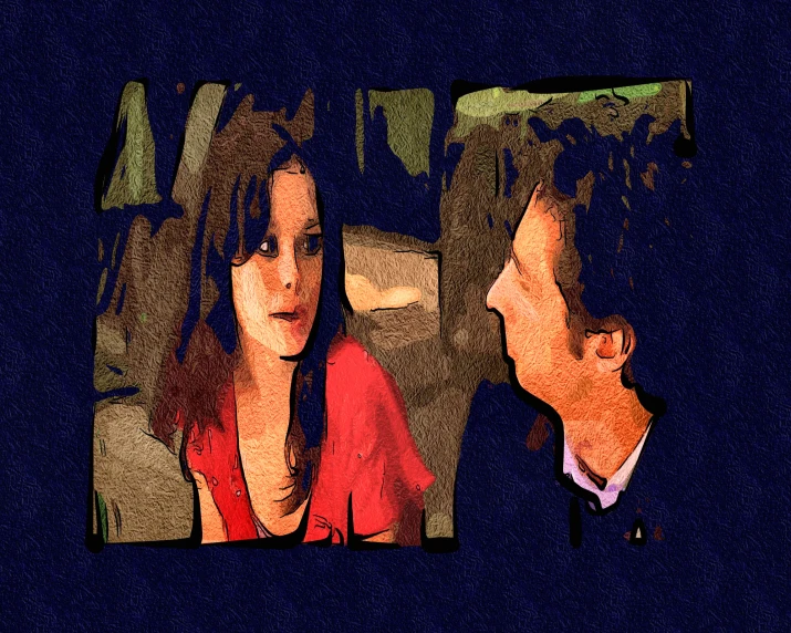 a blurry painting of a man and woman talking