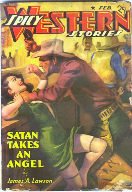 an old western novel covers of two men, one man and the other is fighting