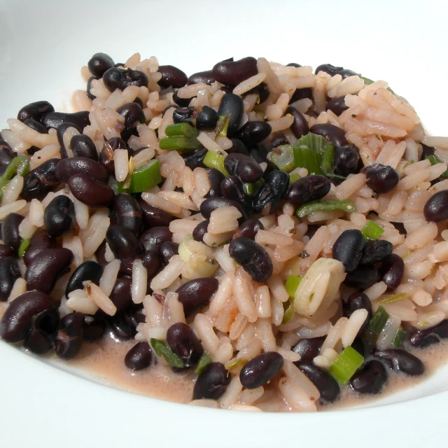 rice and beans with brown sauce in a bowl