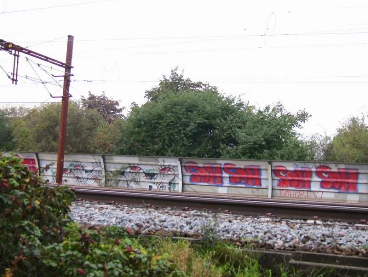 a train on railroad tracks with graffiti on the side