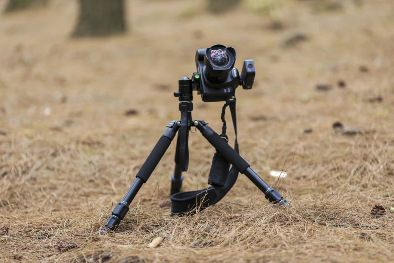 a black tripod stands in the middle of the field