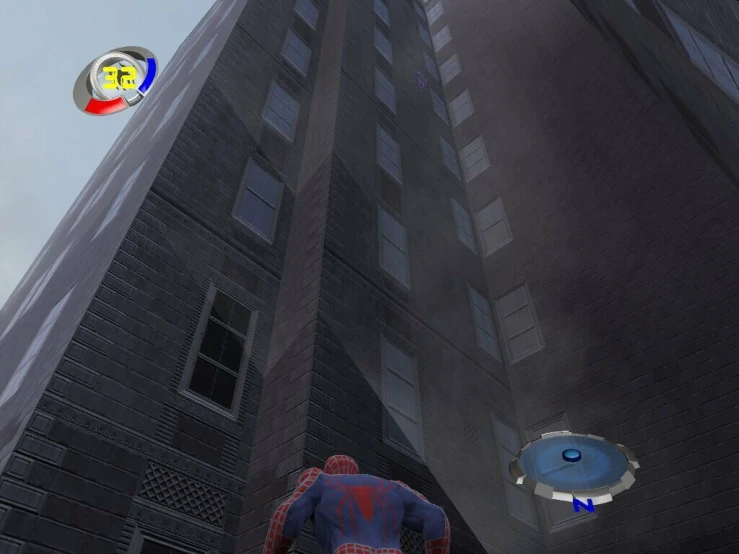 a stylized view of a spiderman flying by tall buildings