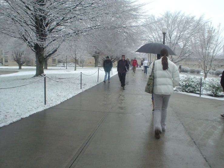 several people walking down a sidewalk during the winter