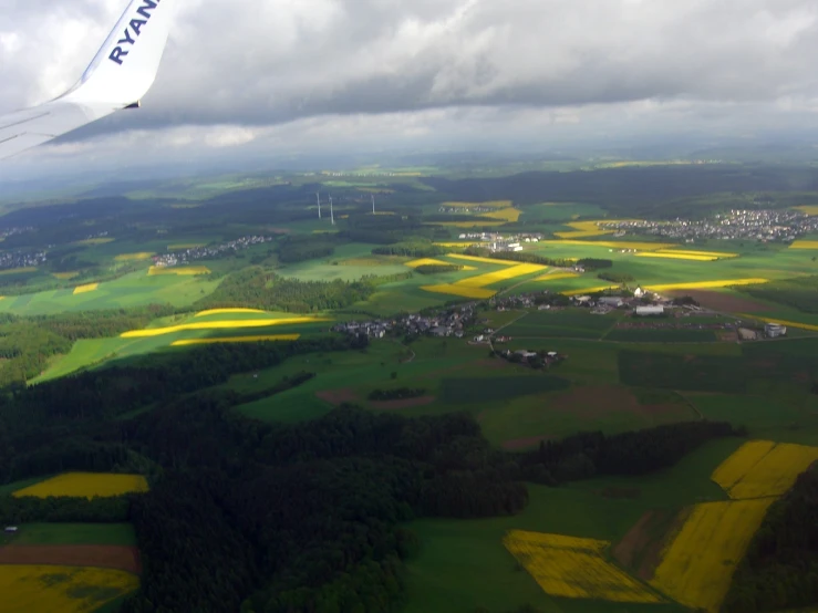 the view from an airplane looking down at the countryside