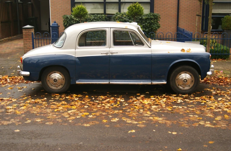 an old blue and white car is parked in the autumn leaves