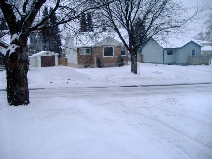 a street is covered in snow, with two houses across the street