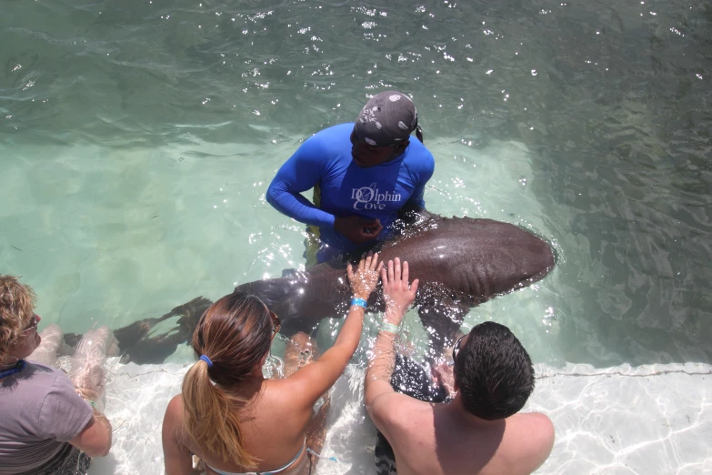 two people in a swimming pool are giving each other a high five