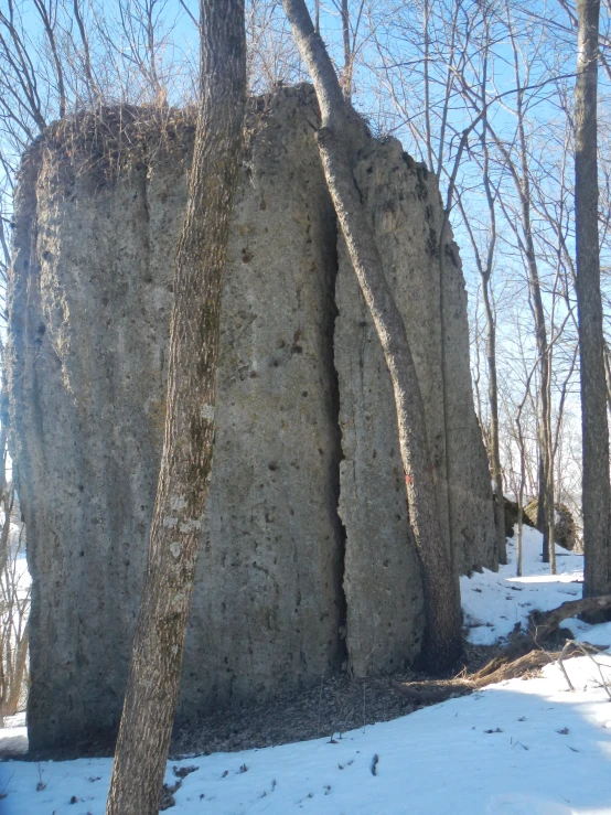 large rock formation with trees in snow covered park