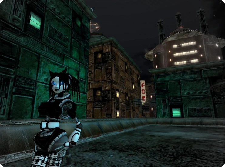 a woman with dark hair and cat ears holding an object in front of a city at night