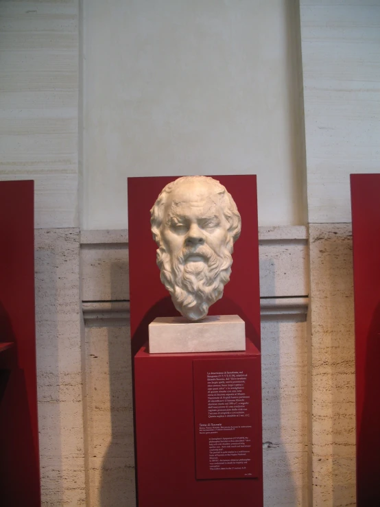 a statue with a white beard on a red case