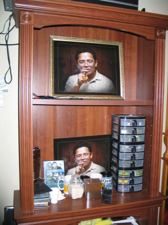 two pographs of a man in front of an older desk