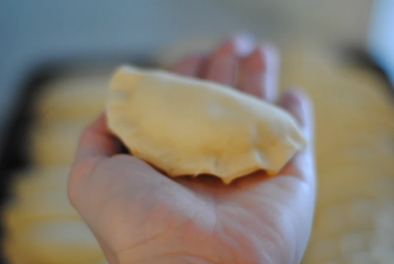 a person's hand holding a small dumpling in a dough dish