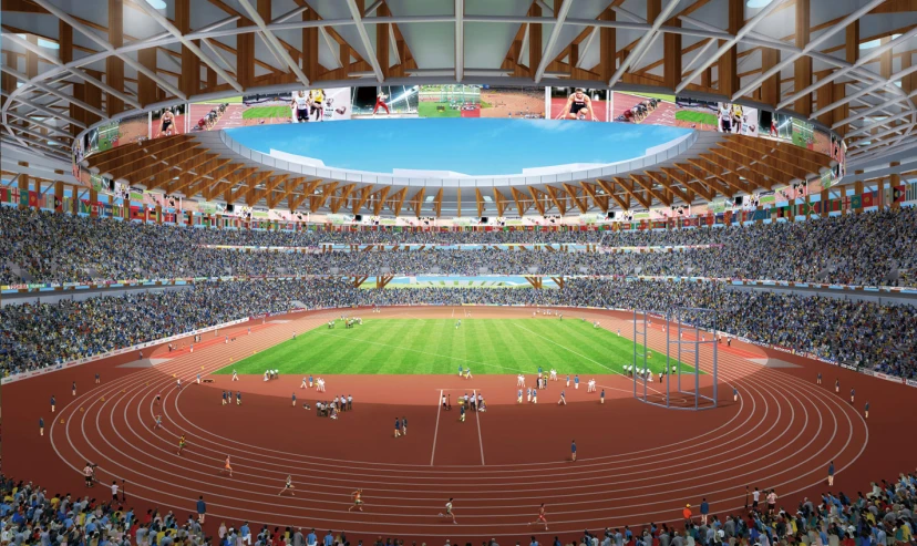 an animated painting of a stadium full of people