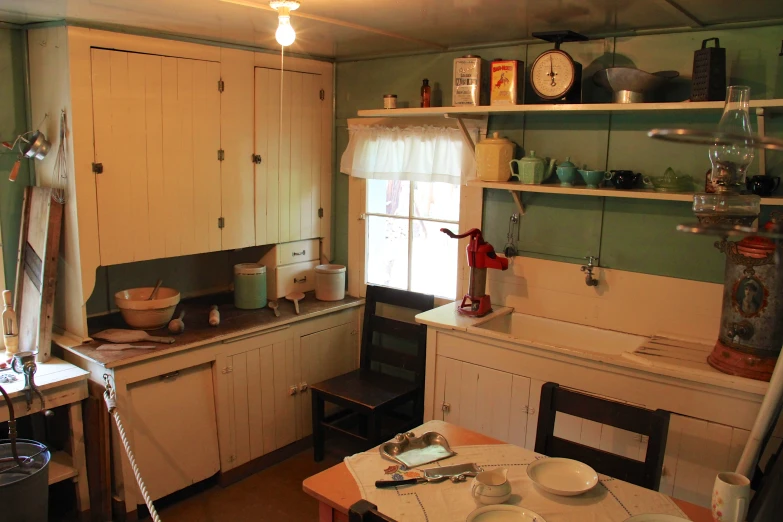 a room with many items on it and plates around the table