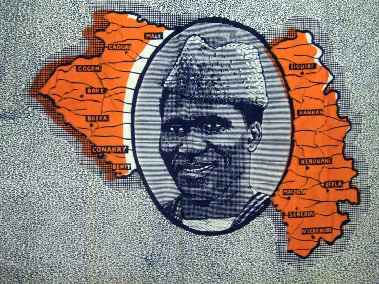 a painting of a man in a headdress on the map of africa