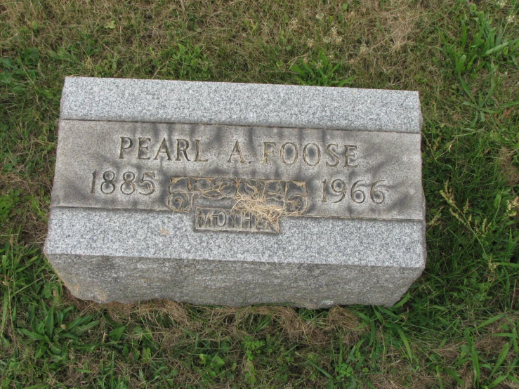 a headstone in grass with a plaque on the side
