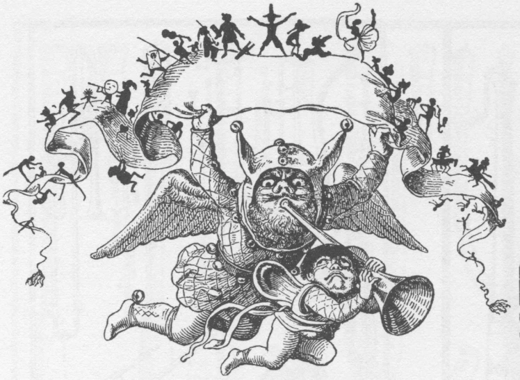 a line drawing with people on the back and one on the top with an angel above them