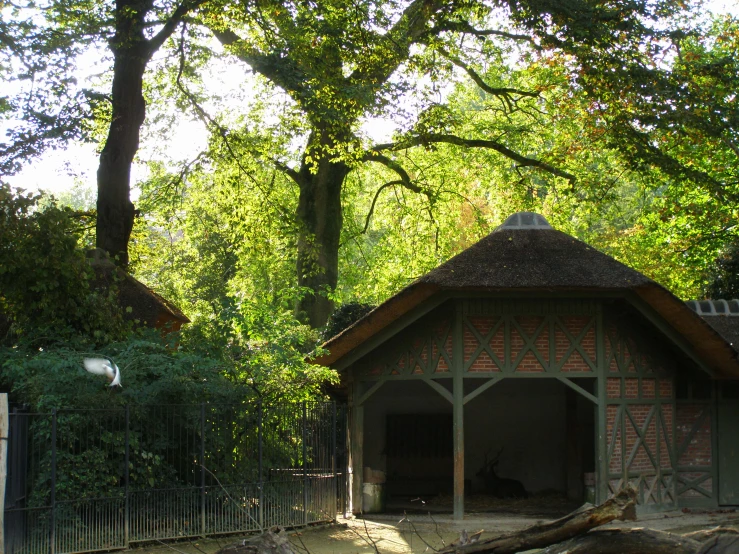 a shelter sits in the shade behind trees