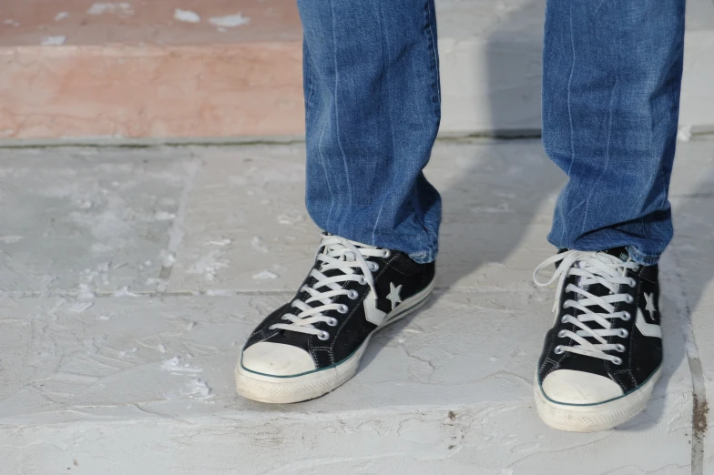 close up of the feet and black shoes on a person